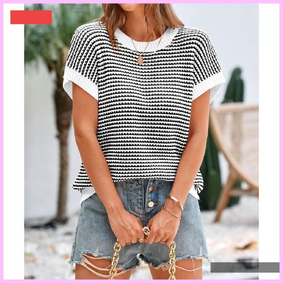 Striped Short Sleeve Pullover Sweater Vest Top, Knit Material, Spring Summer - Picture 3 of 4